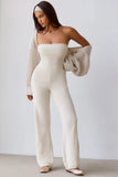 Chunky Knit Bandeau Kick Flare Jumpsuit in Cream