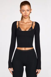 Ribbed Modal Long Sleeve Laced Bra Top in Black