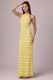 Ruffled Backless Halterneck Maxi Dress in Lemon Yellow