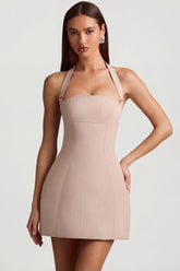 Pinstripe Halterneck Structured A Line Mini Dress in Mushroom