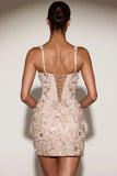 Embellished Appliqué Corset Mini Dress in Pale Gold
