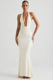 Ruched Backless Halterneck Gown in Ivory