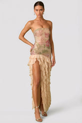 Embellished Ruffle Trim Strapless Gown in Rose Hotfix