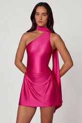 Asymmetric Scarf Detail Mini Dress in Hot Pink