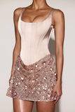 Satin Corset Embellished Skirt Mini Dress in Rose Gold