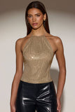 Embellished Jersey Halterneck Backless Top in Gold