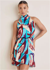 Printed Halter Mini Dress Ikat Flowers