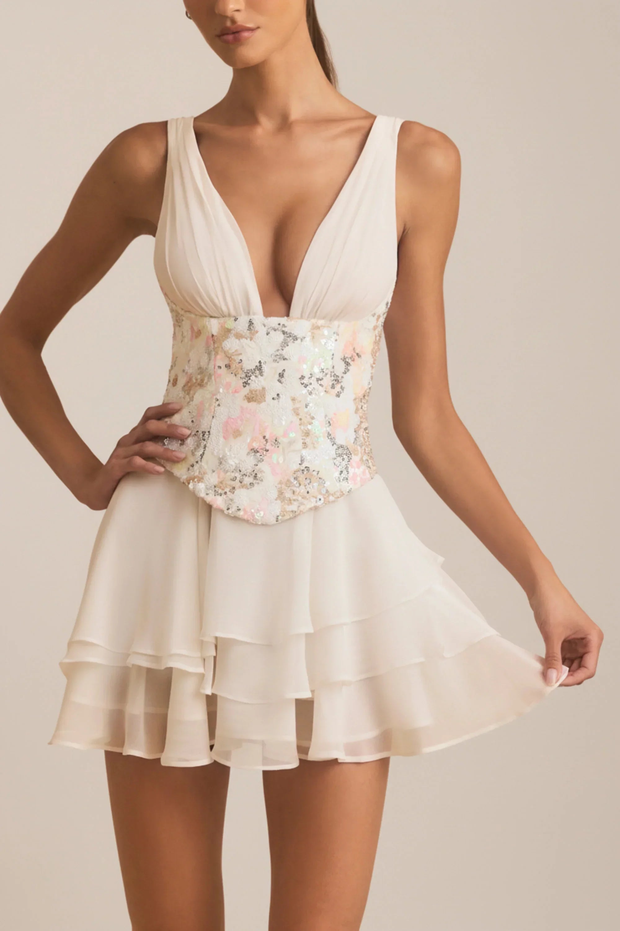 Embellished Ruffled Corset Mini Dress in Ivory