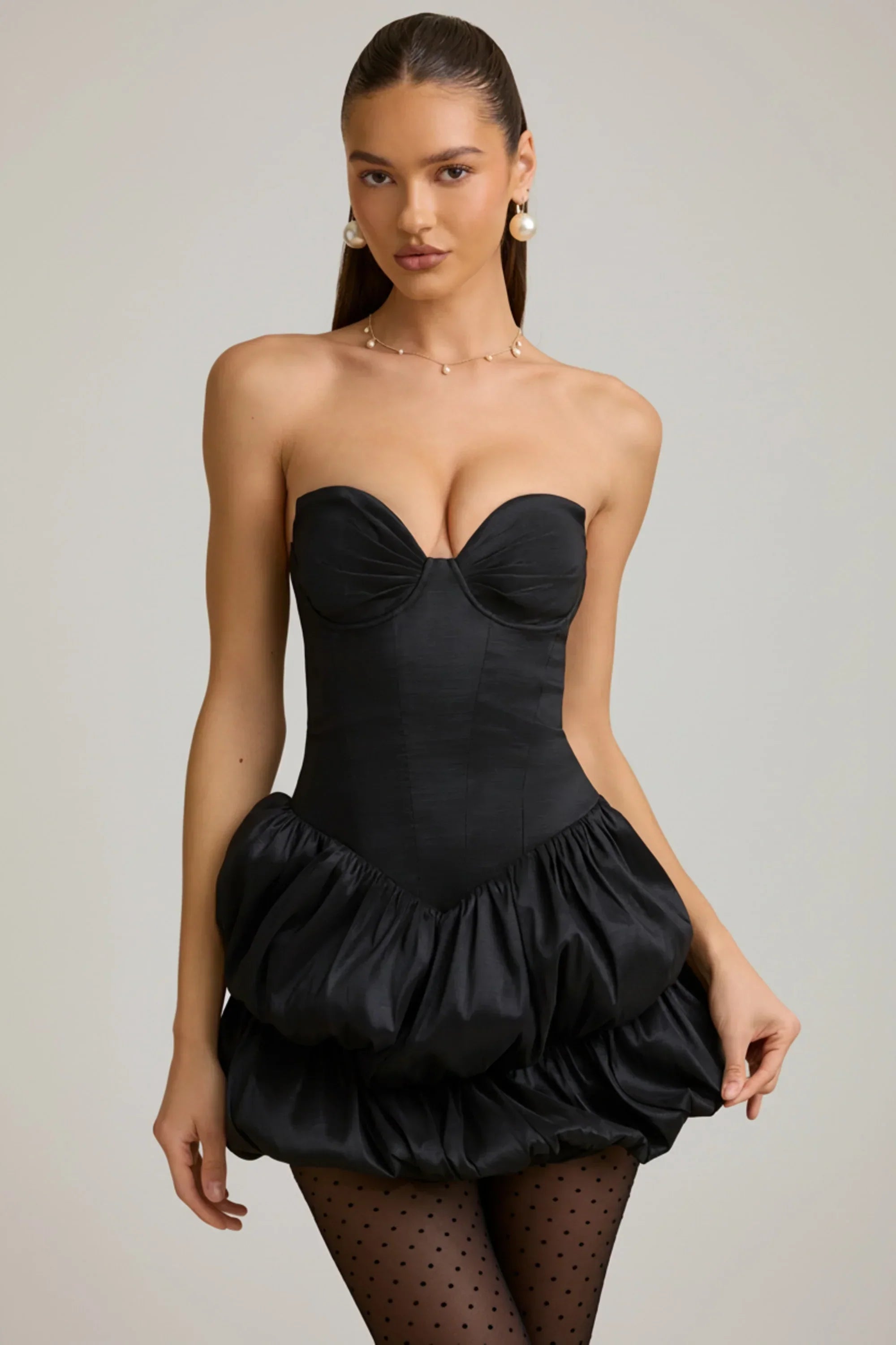 Satin Bubble Hem Corset Mini Dress in Black