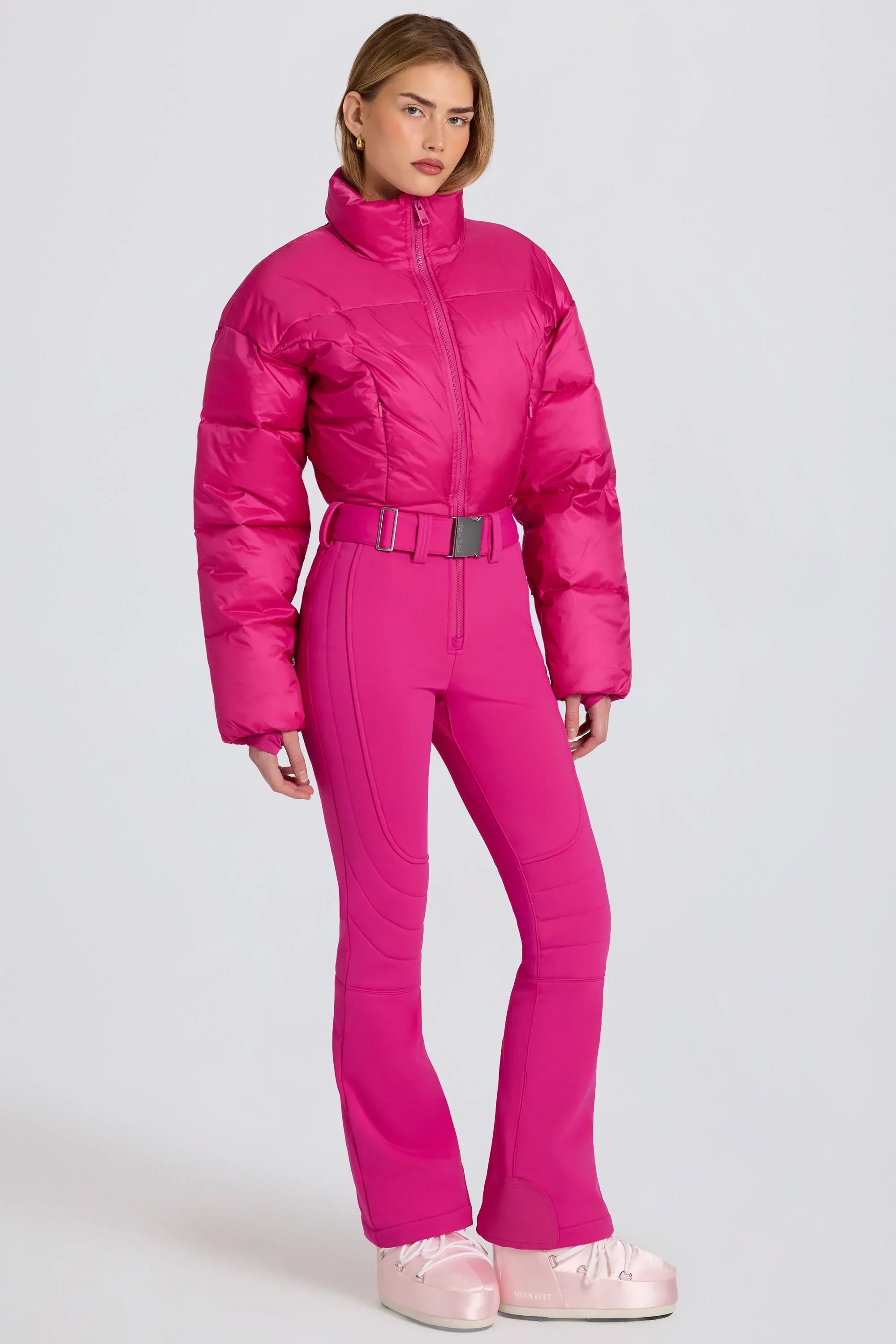 Waterproof Padded Belted Ski Suit in Magenta Pink