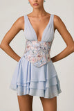 Embellished Ruffled Corset Mini Dress in Floral Blue