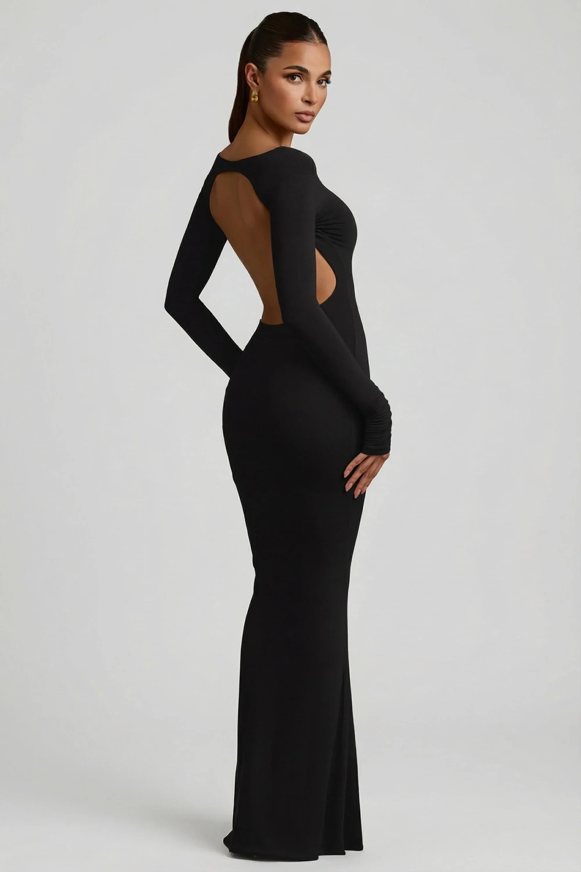 Modal Ruched Backless Maxi Dress in Black