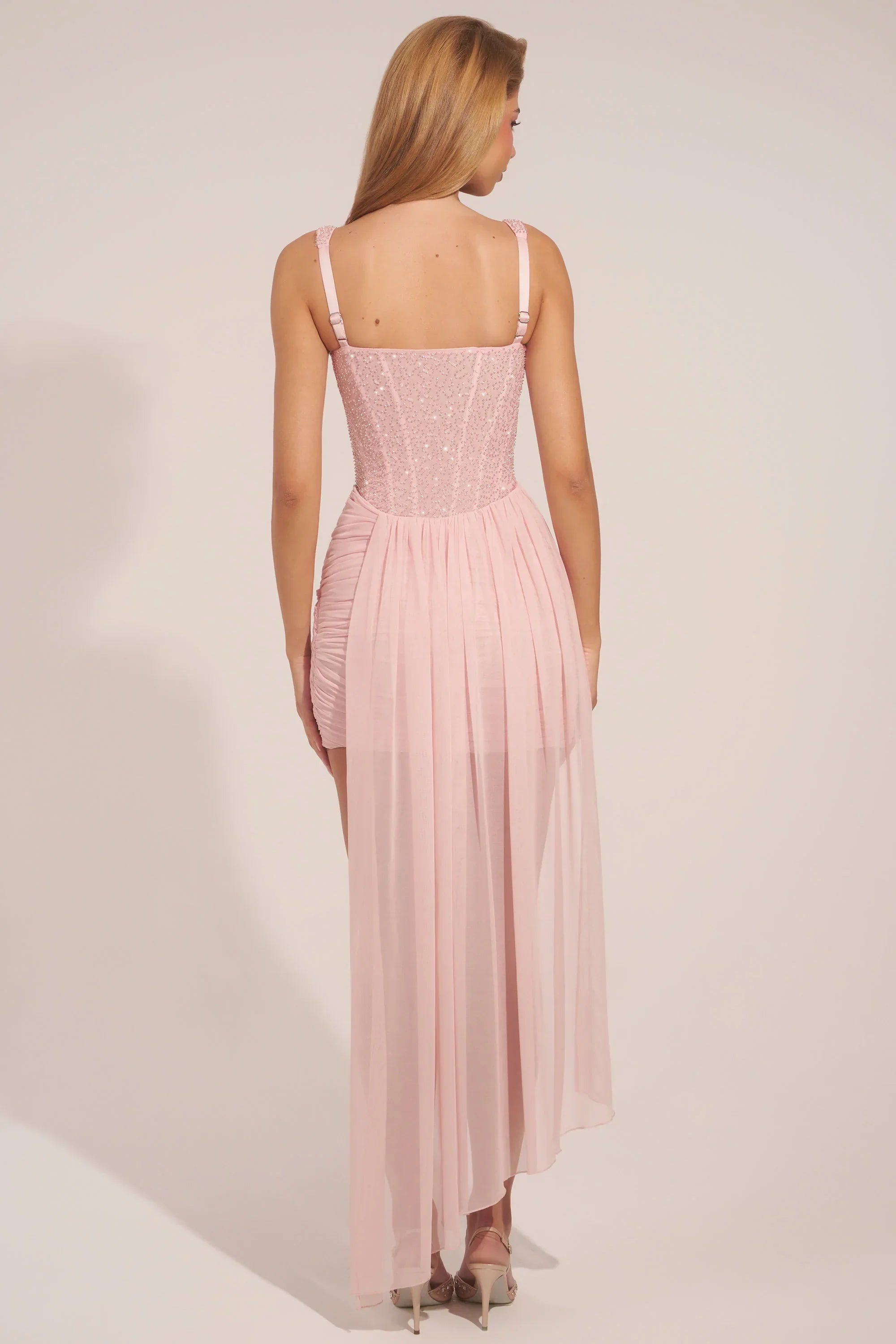 Corseted Draped Mini Dress in Blush Pink