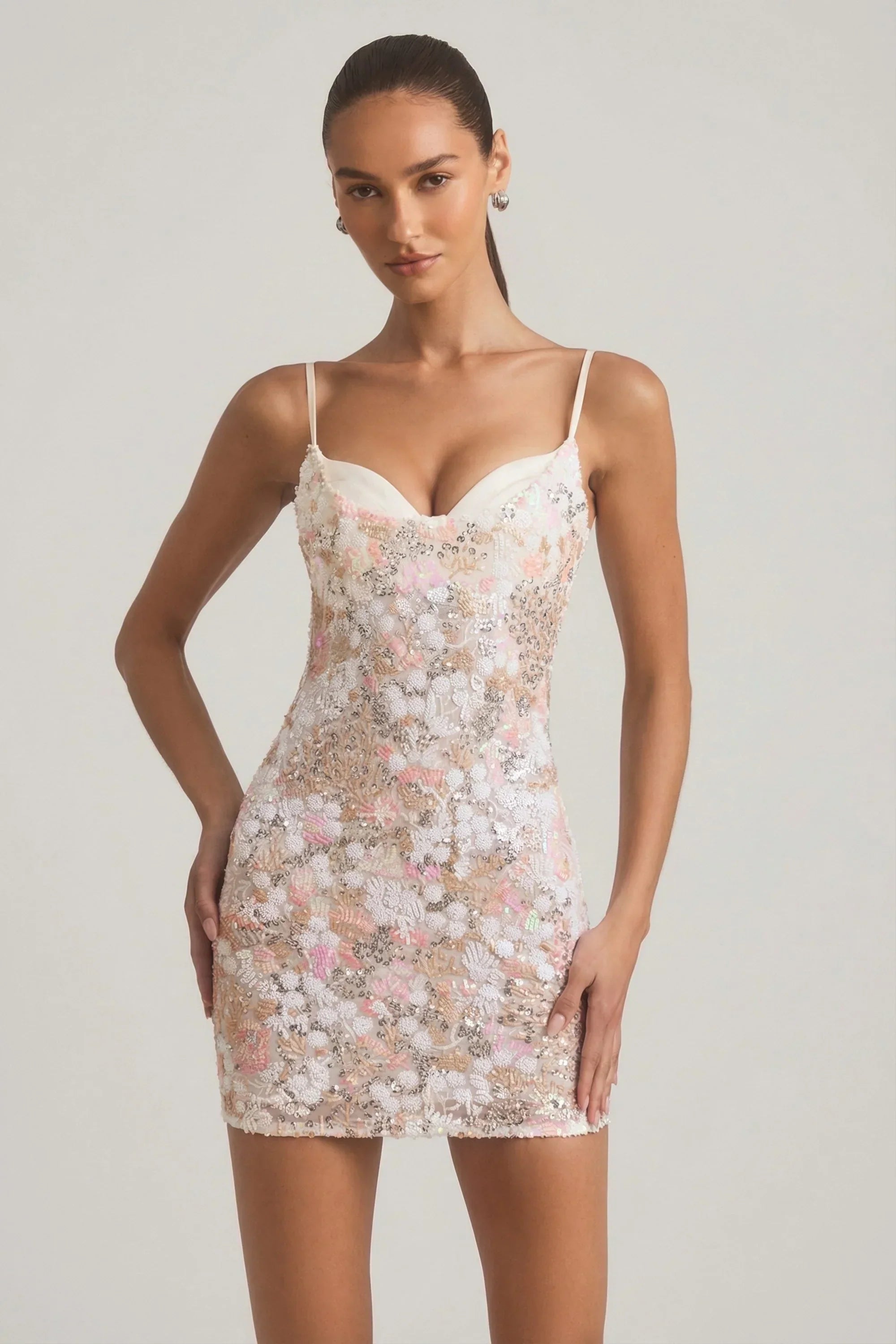 Embellished Camisole Bodycon Mini Dress in Ivory
