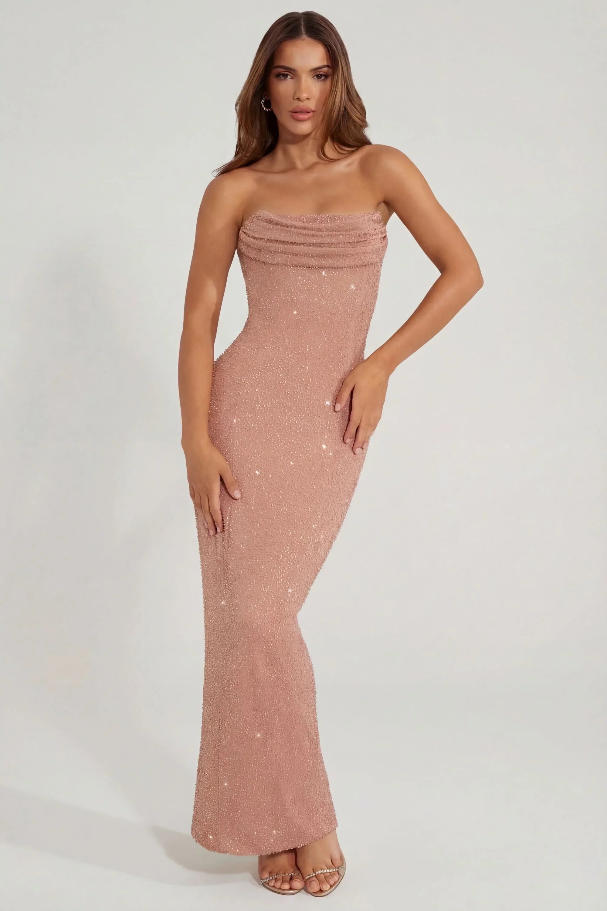 Embellished Bandeau Cowl Neck Maxi Dress in Beige