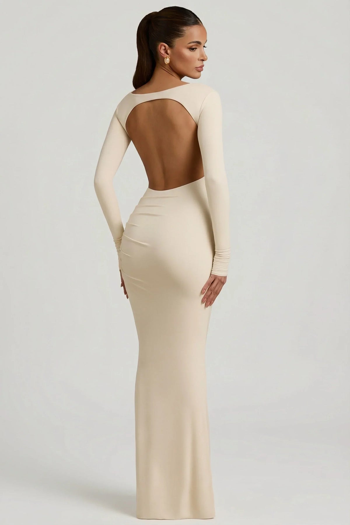 Modal Ruched Backless Maxi Dress in Ivory