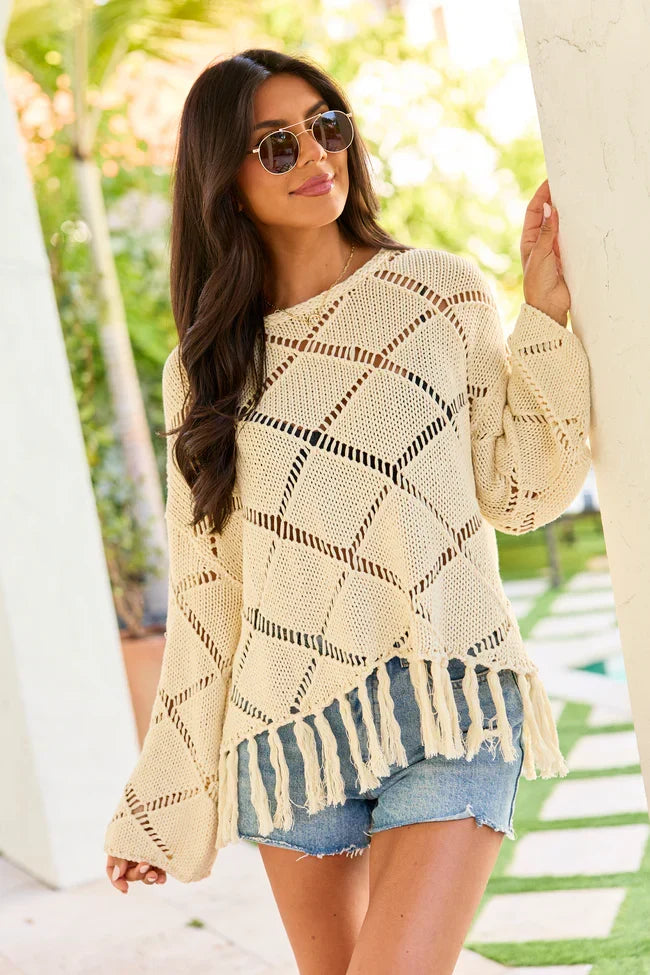 Fawna Taupe Fringe Crewneck Sweater