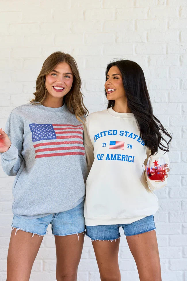 Distressed Flag Light Grey Graphic Sweatshirt
