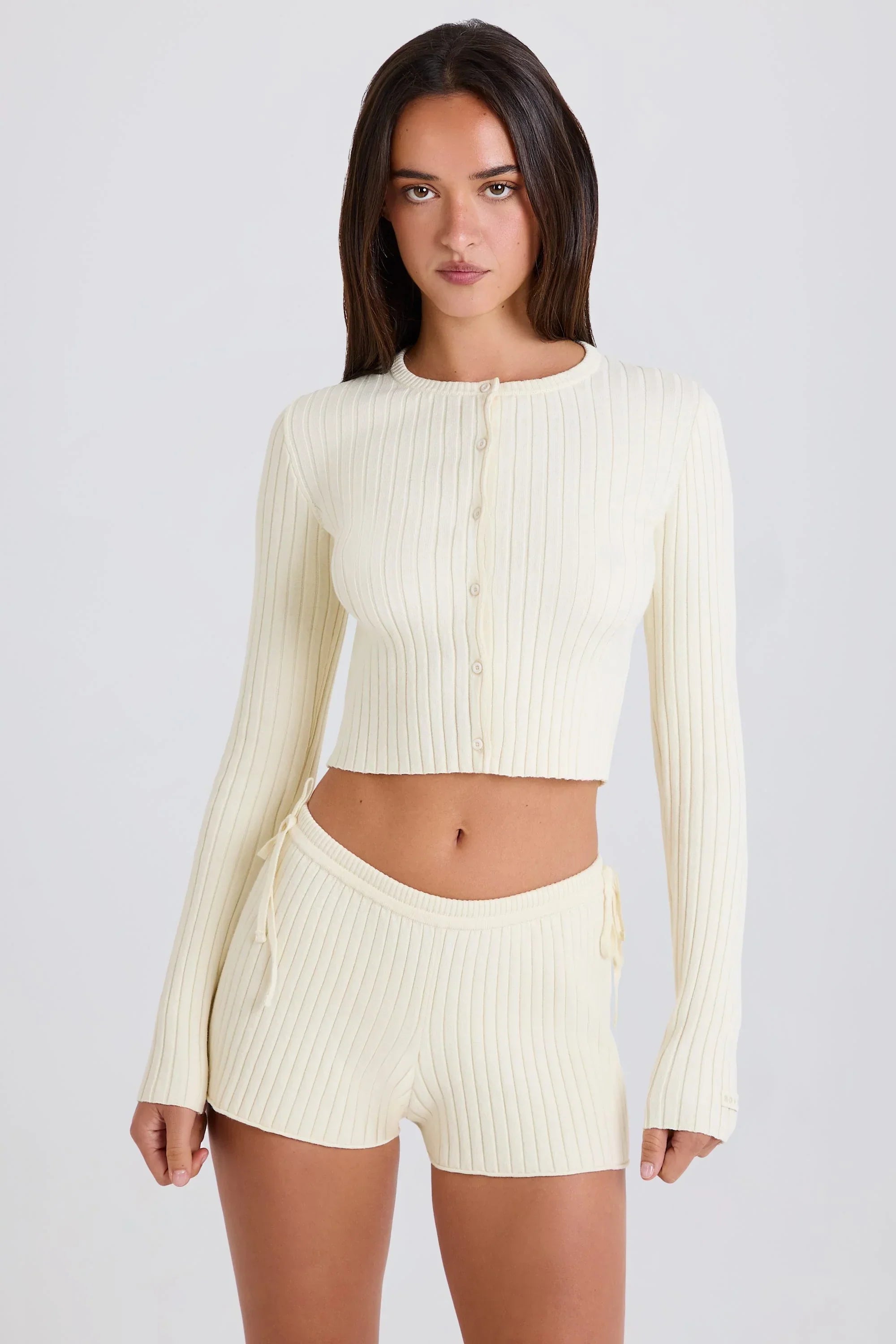 Ribbed Knit Tie Mini Shorts in Cream