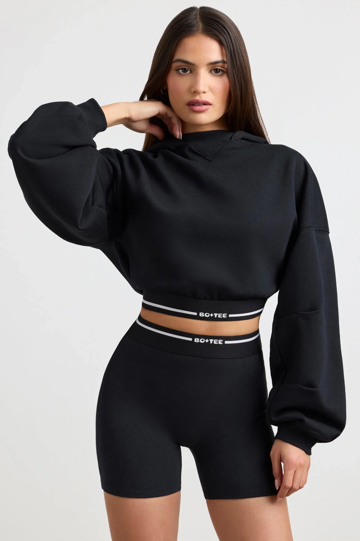 Stretch Cotton Fleece Cropped Hoodie in Black