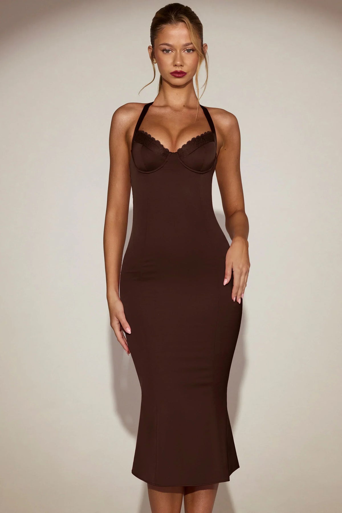 Satin Sweetheart Bustier Fishtail Midaxi Dress in Chocolate Brown