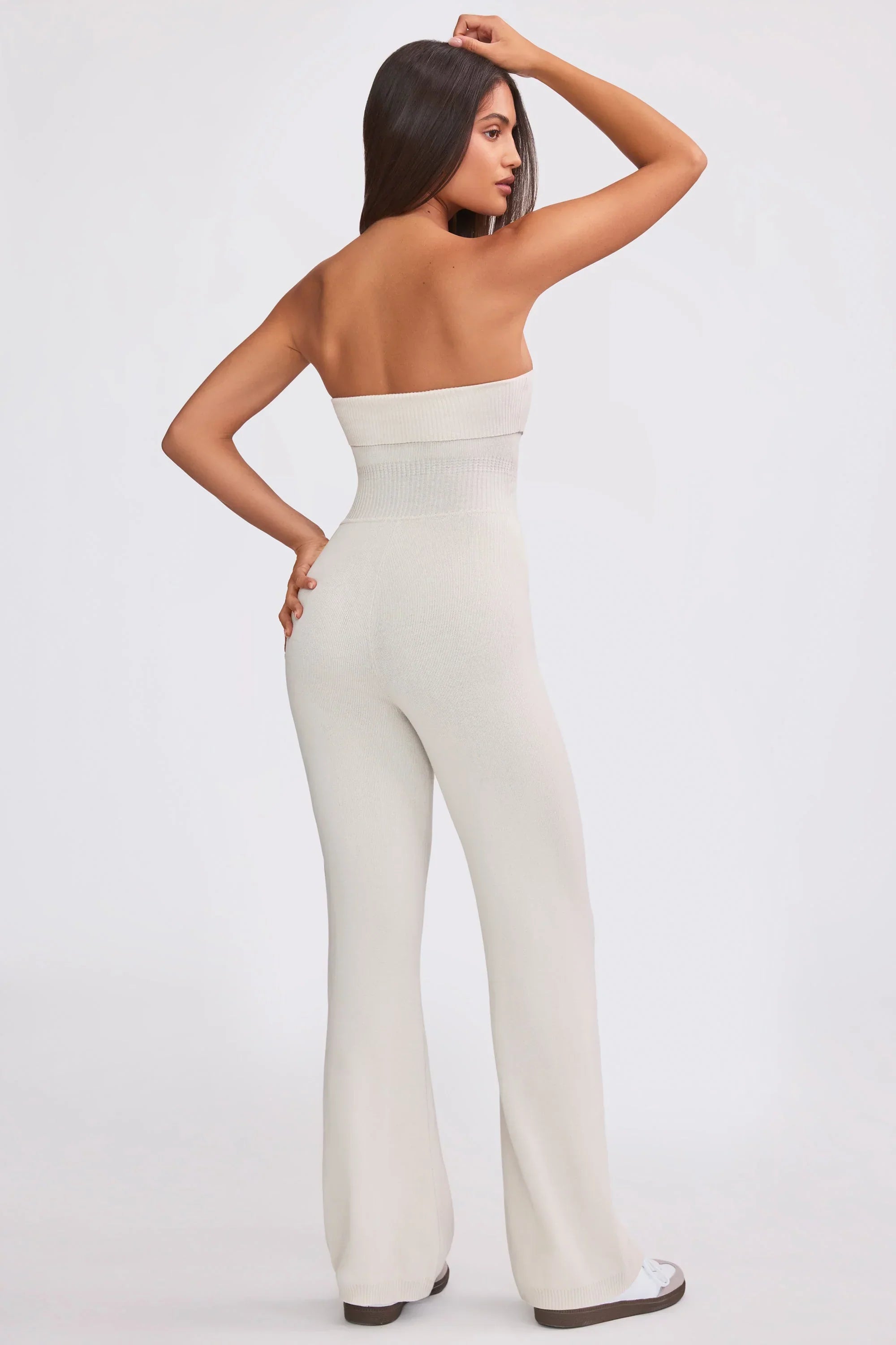 Chunky Knit Bandeau Kick Flare Jumpsuit in Cream
