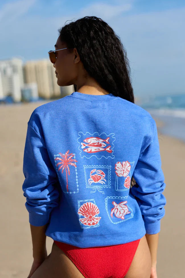 Coastal Stamps Blue Graphic Sweatshirt