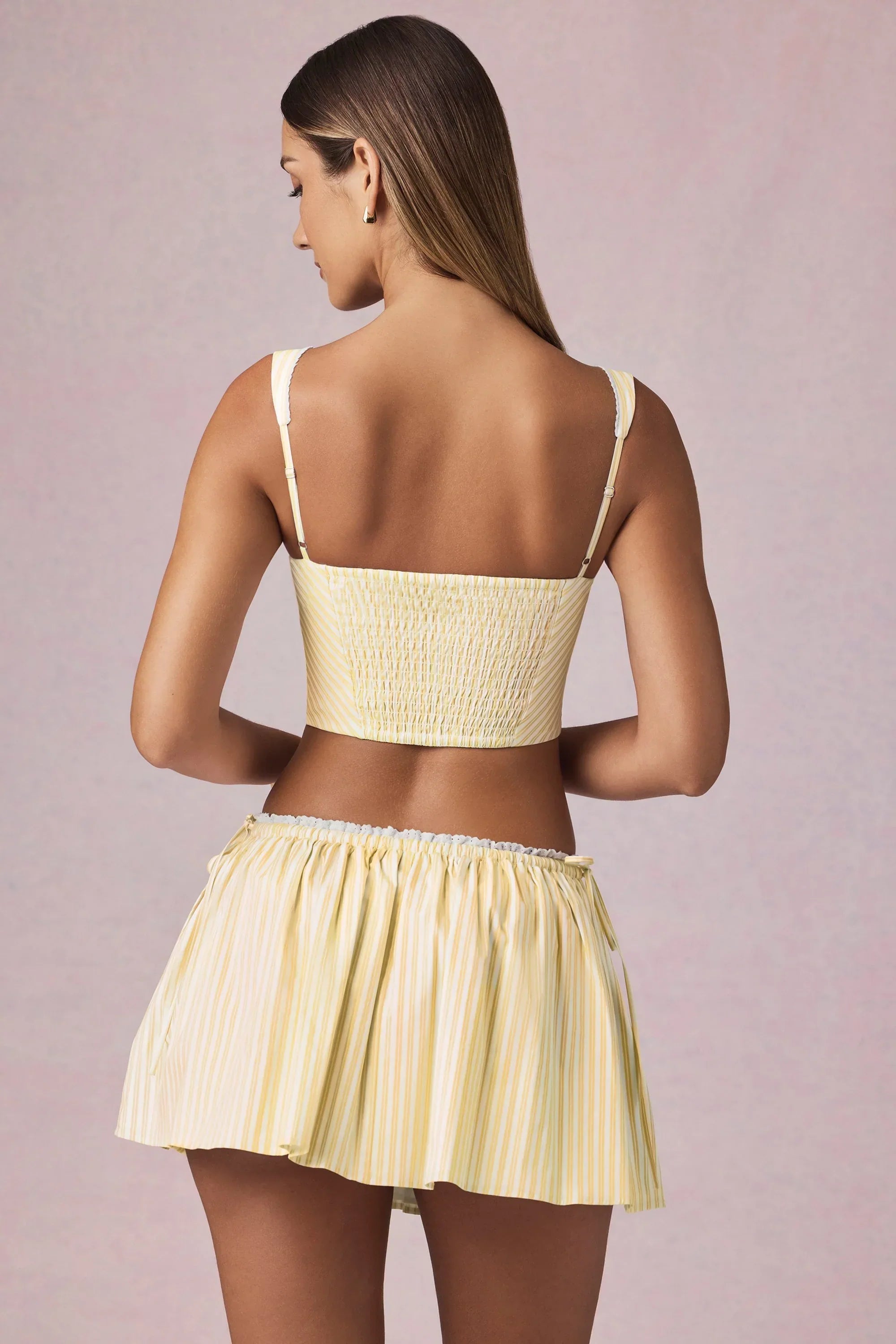 Ruched Drawstring Mini Skirt in Lemon Yellow Stripe
