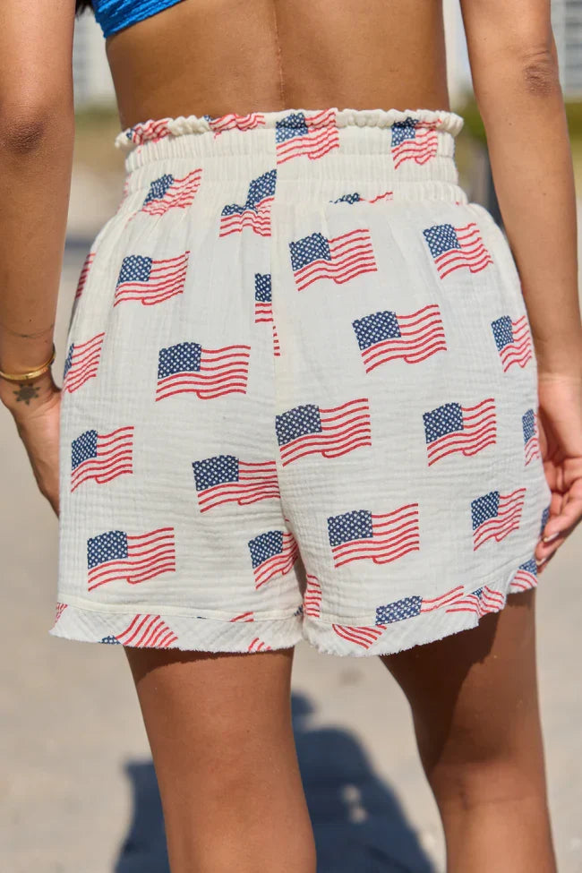 Ready For A Change Cream Flag Print Gauze Shorts