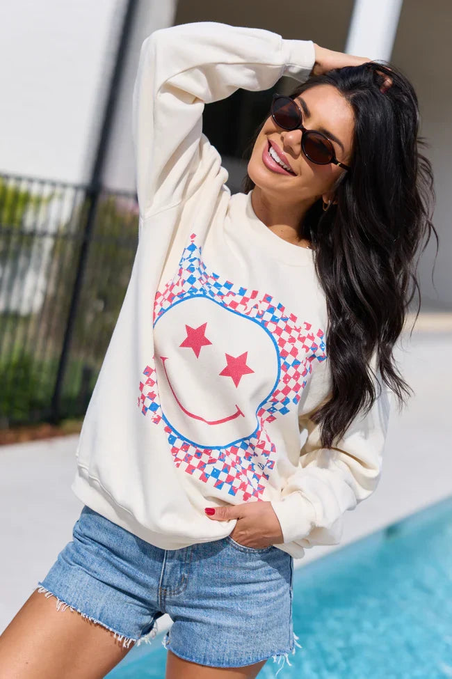 Multi Patriotic Smiley Checkered Cream Graphic Sweatshirt