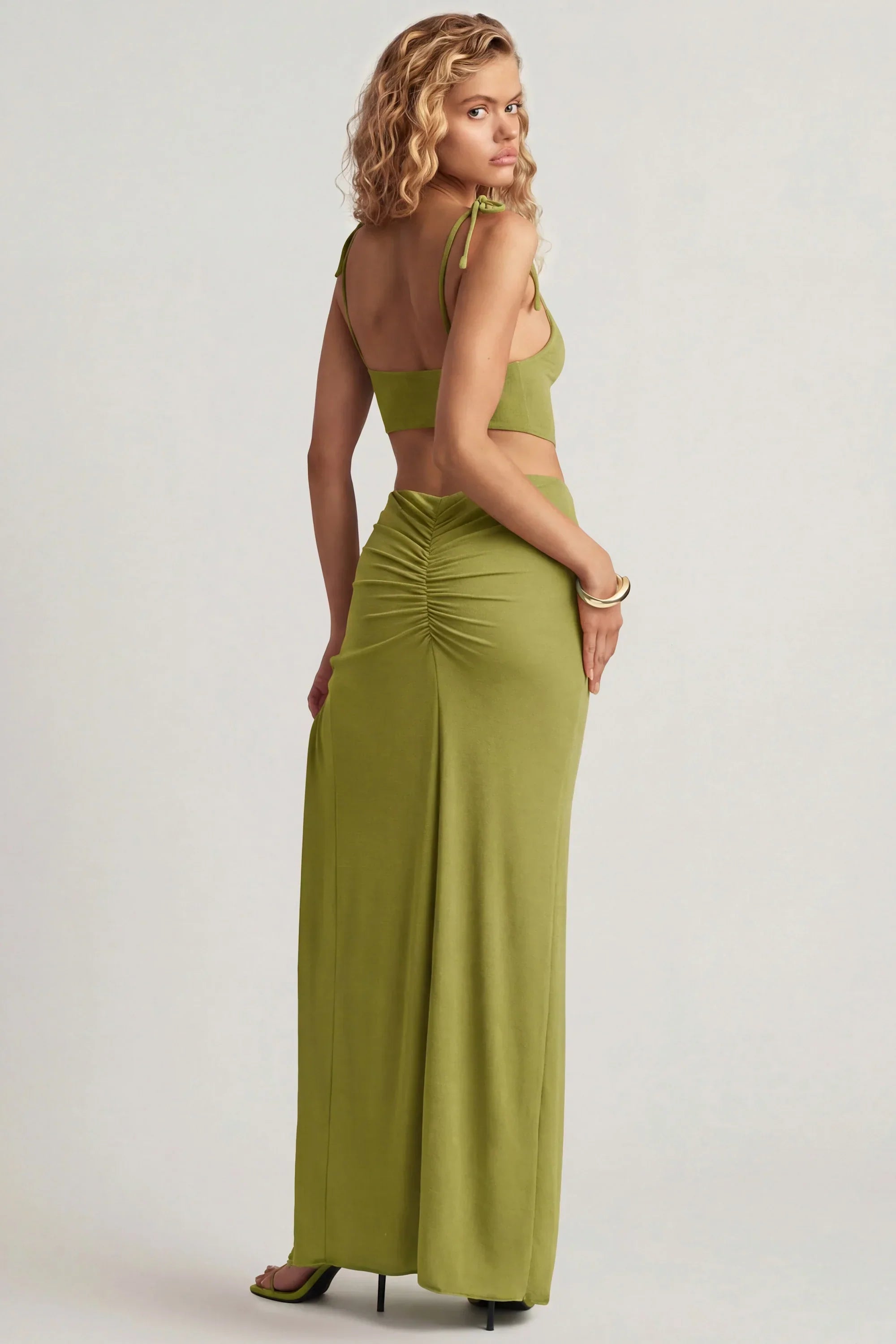 Textured Jersey Asymmetric Maxi Dress in Olive Green