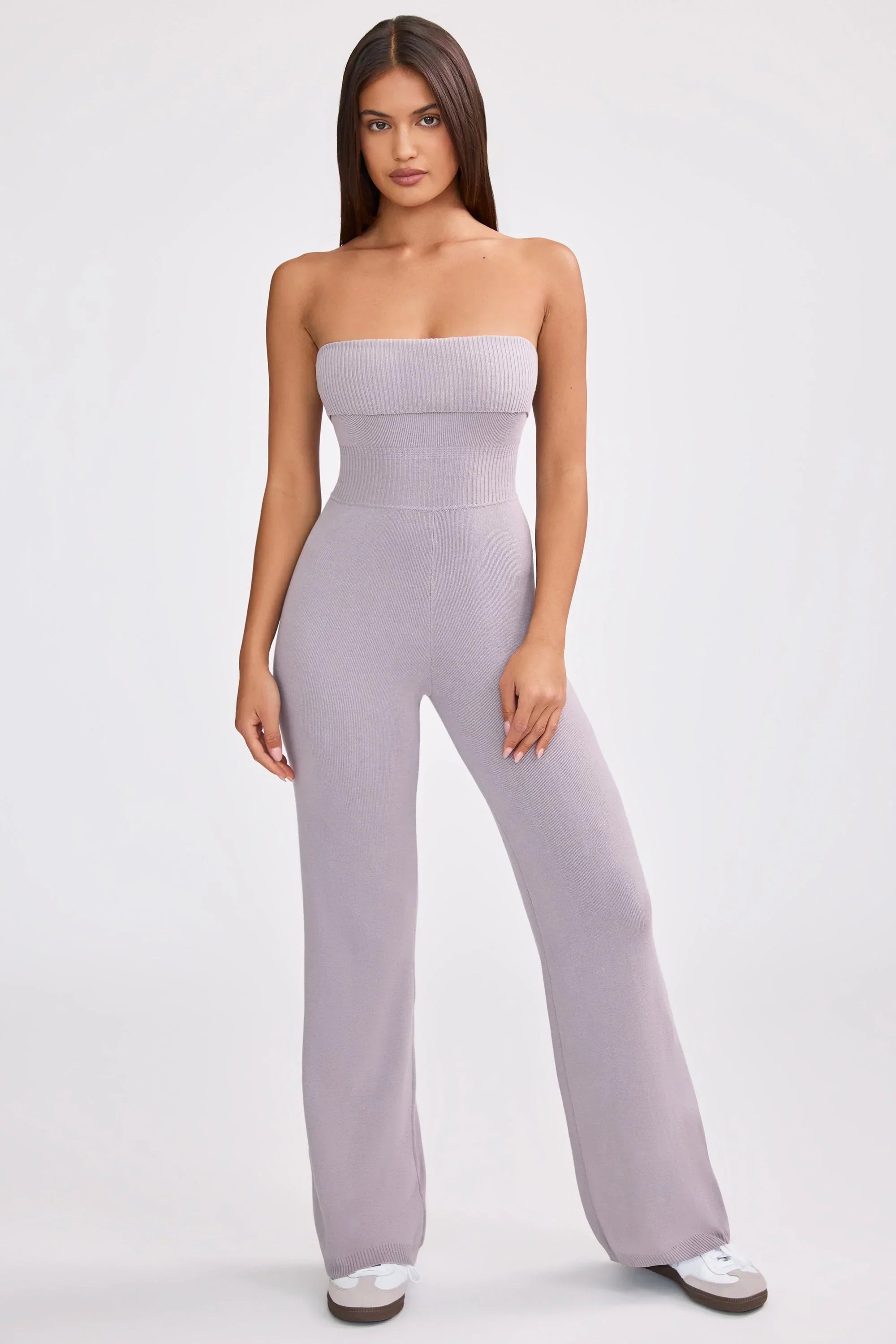 Chunky Knit Bandeau Kick Flare Jumpsuit in Dusty Lavender