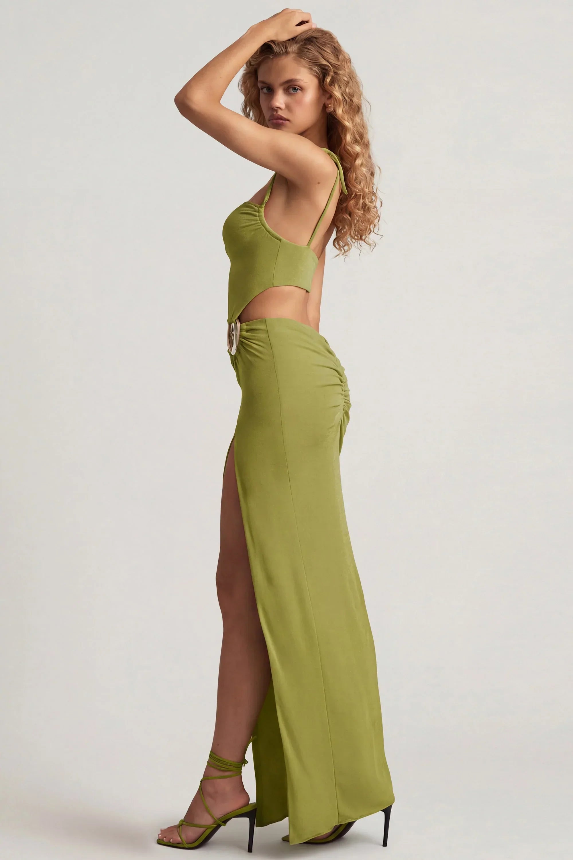 Textured Jersey Asymmetric Maxi Dress in Olive Green