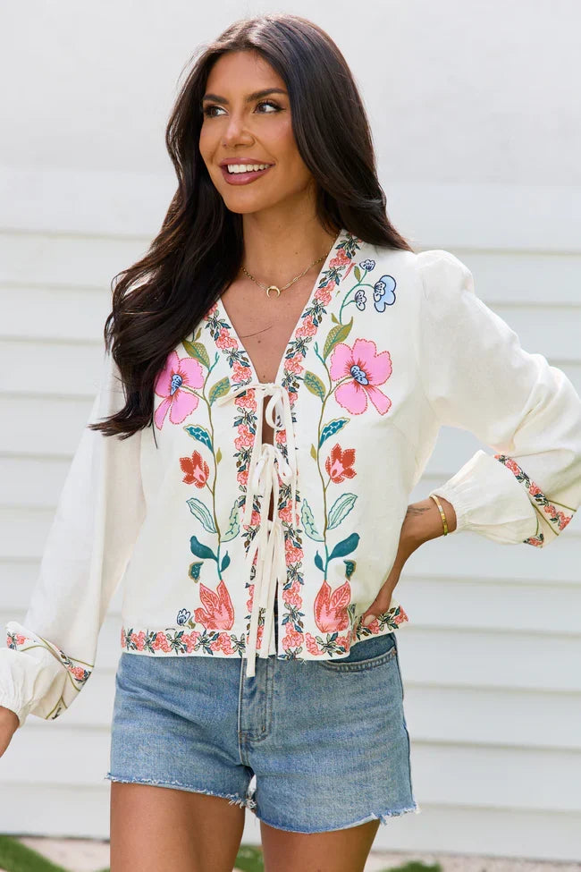 Maclyn White Floral Long Sleeve Tie Front Top