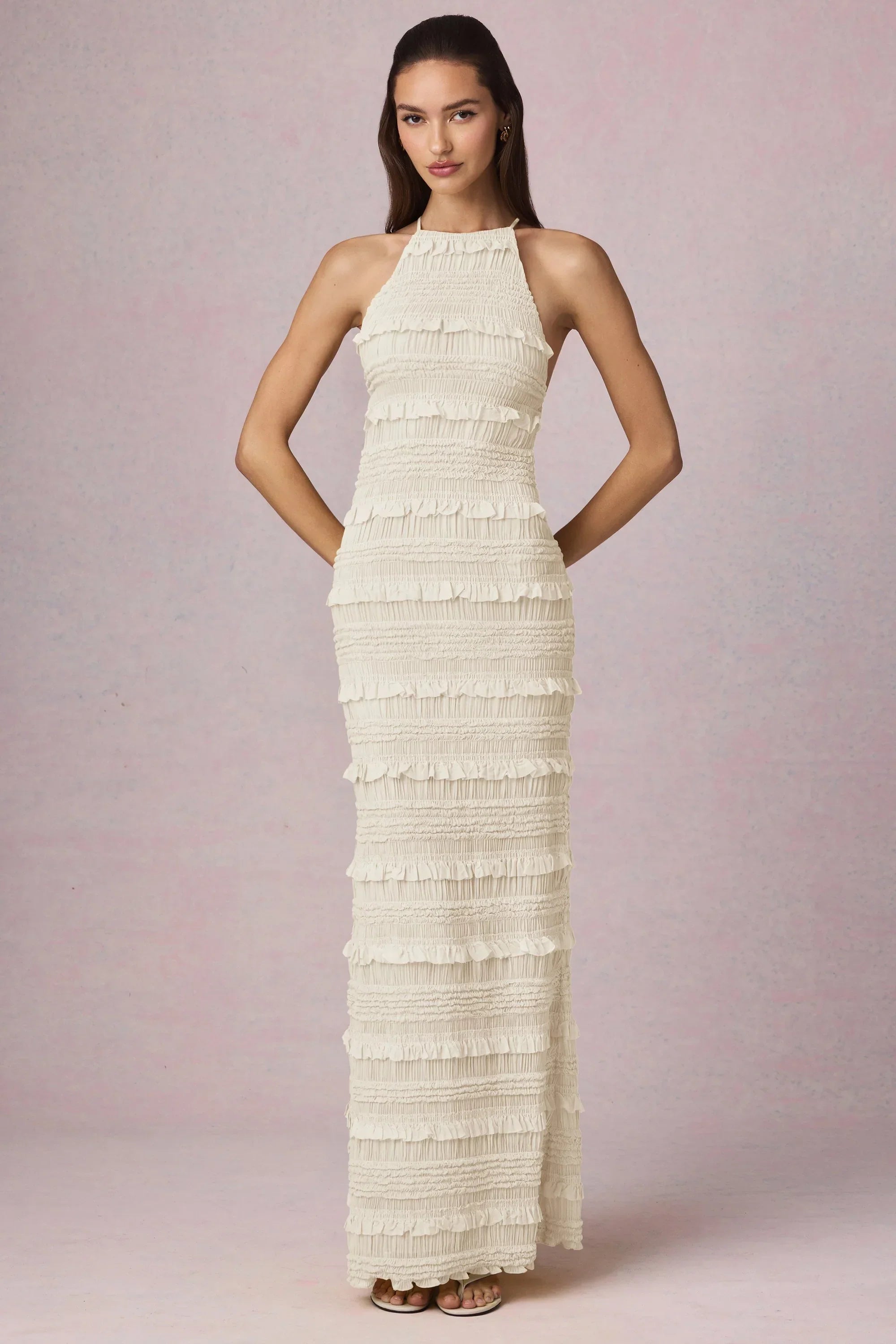Ruffled Backless Halterneck Maxi Dress in Ivory