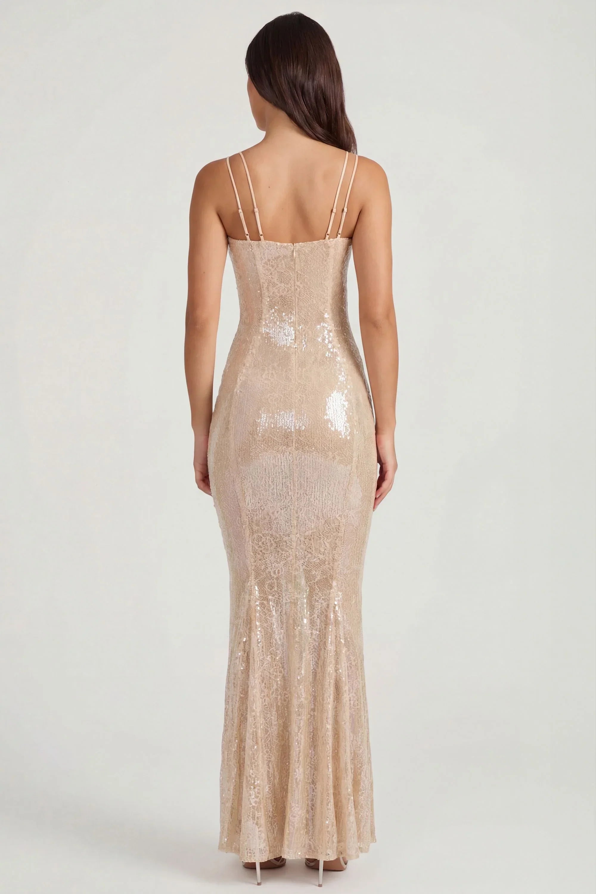 Embellished Square Neck Lace Gown in Pale Peach