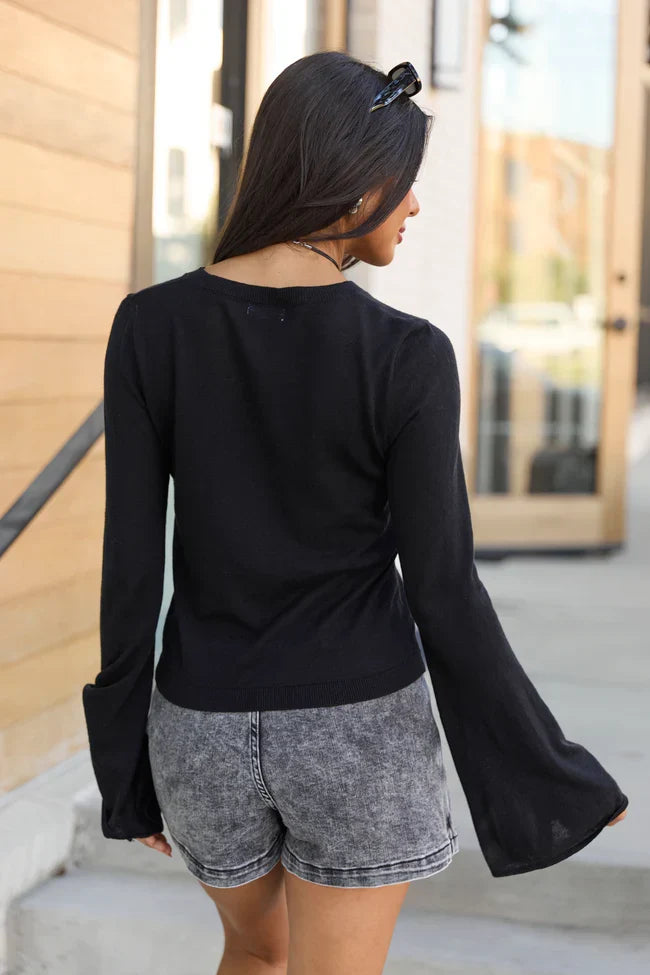 Deanna Black Bell Sleeve Knit Top