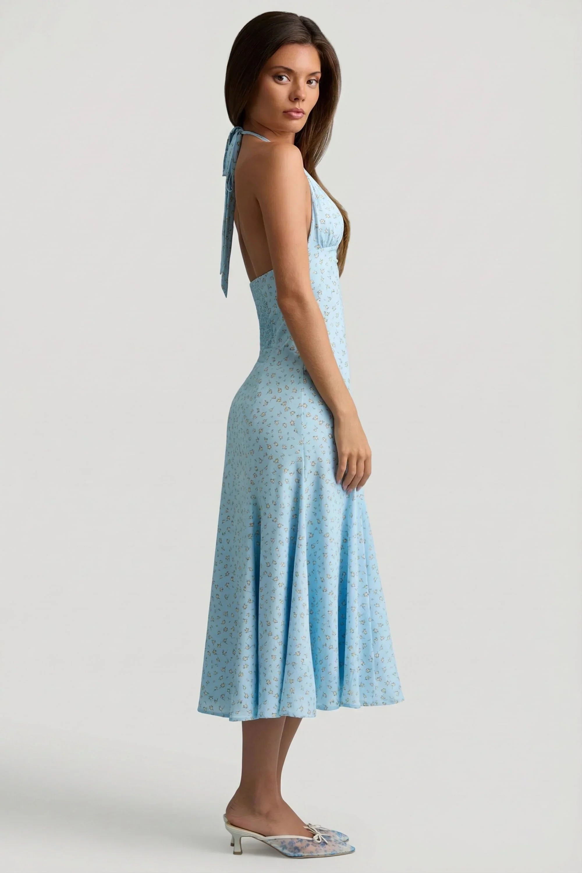 Halterneck Midaxi Dress in Blue Flower Print