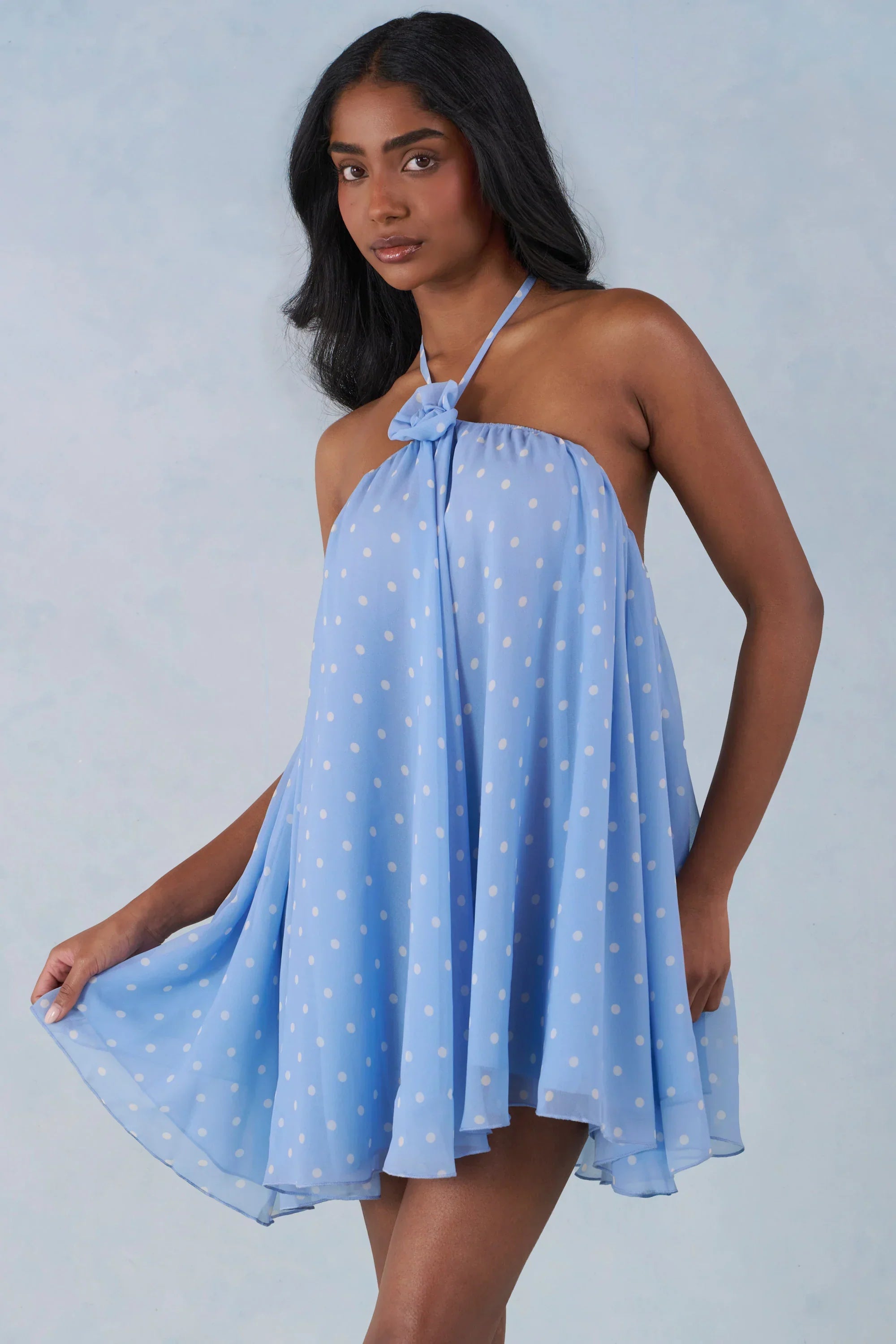 Halterneck Babydoll Mini Dress in Blue Polka Dot Print