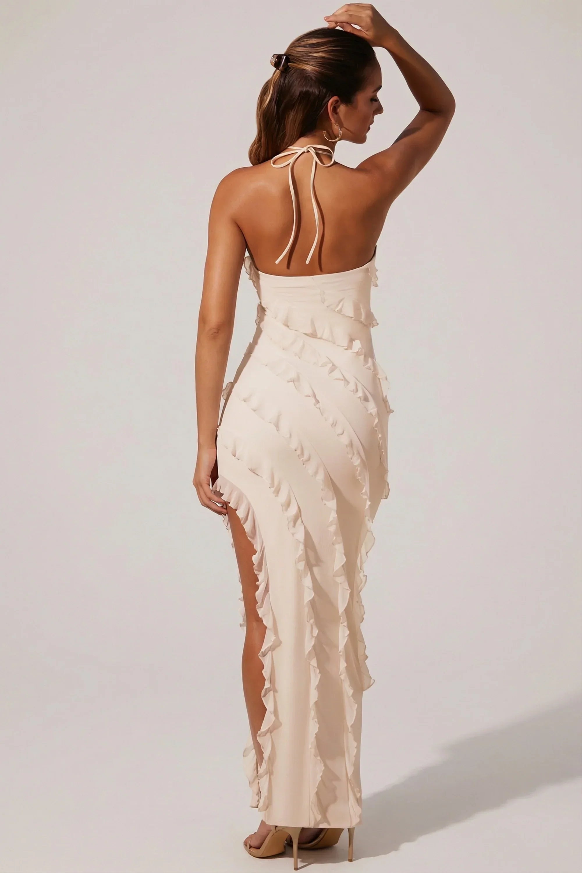 Cross Strap Ruffle Floor Length Dress in Ivory