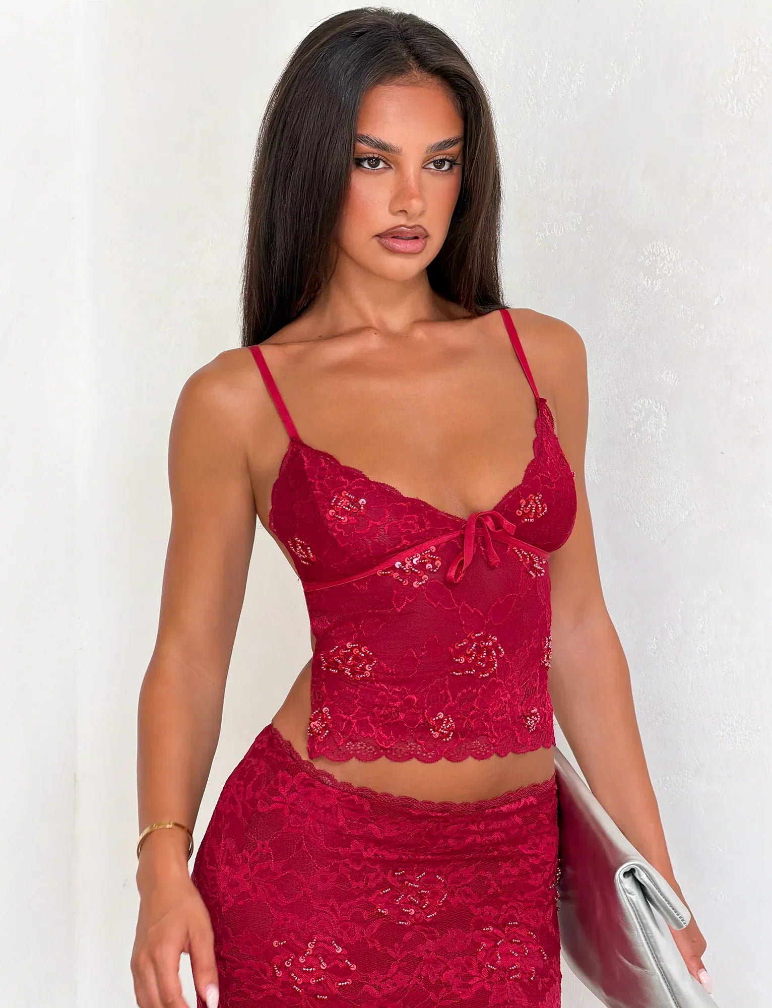 KIRRA BEADED SEQUIN LACE MIDI SKIRT RED