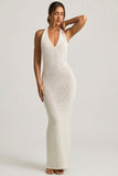 Bouclé Halterneck Maxi Dress in White
