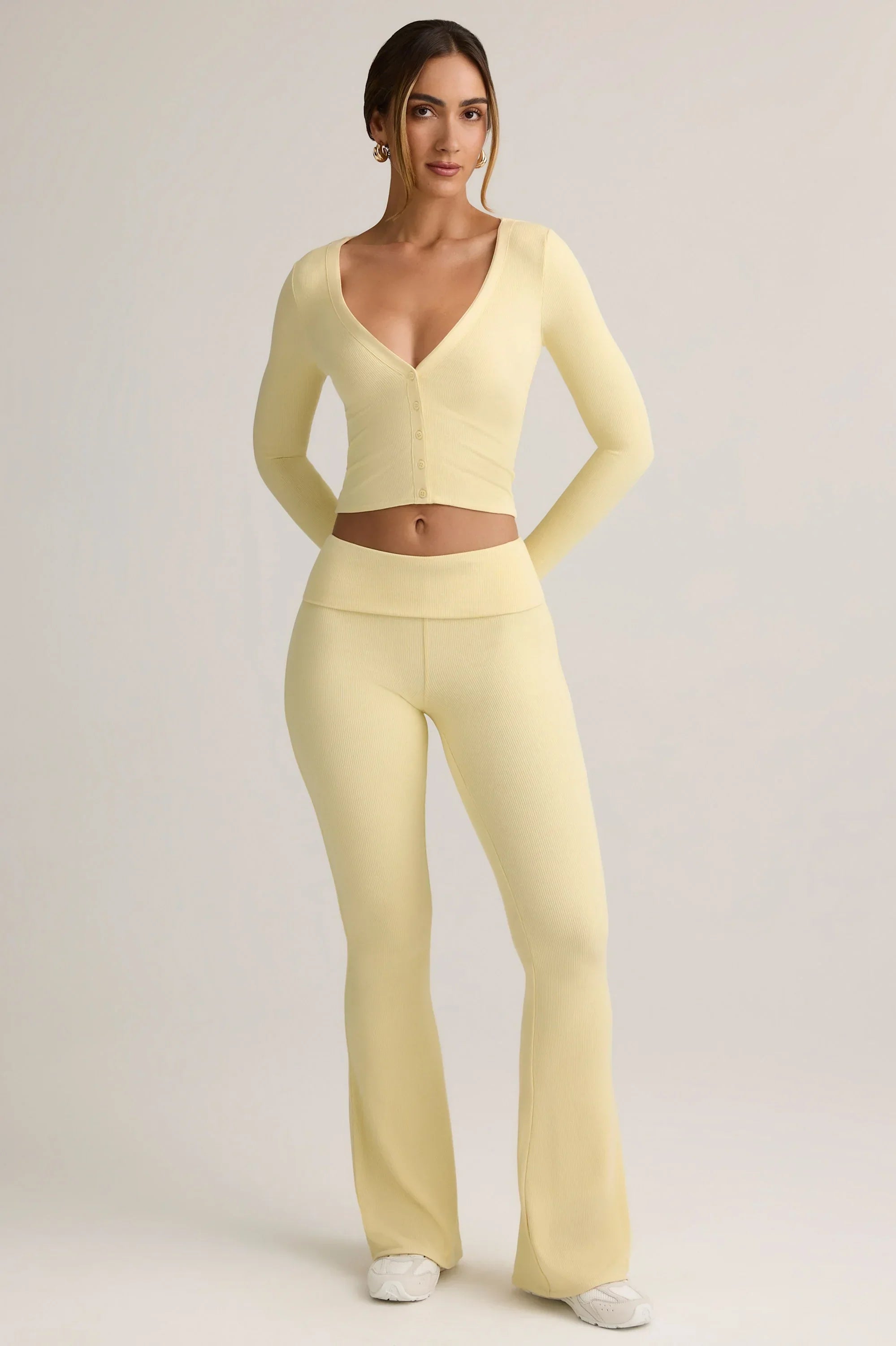 Modal Ribbed Foldover Flared Trousers in Buttercream Yellow