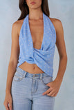 Deep Plunge Halterneck Top in Blue Polka Dot Print