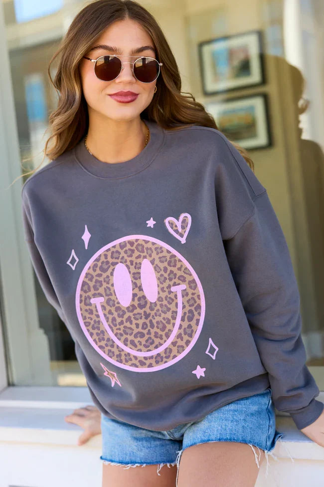 Leopard Smiley Face Dark Grey Graphic Sweatshirt