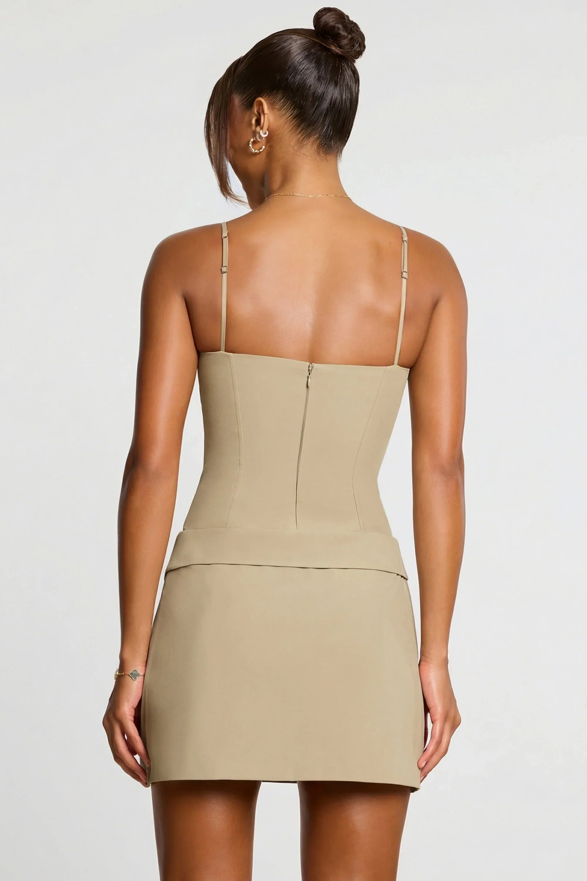 Woven Twill Wrap Over Pleated Mini Dress in Taupe