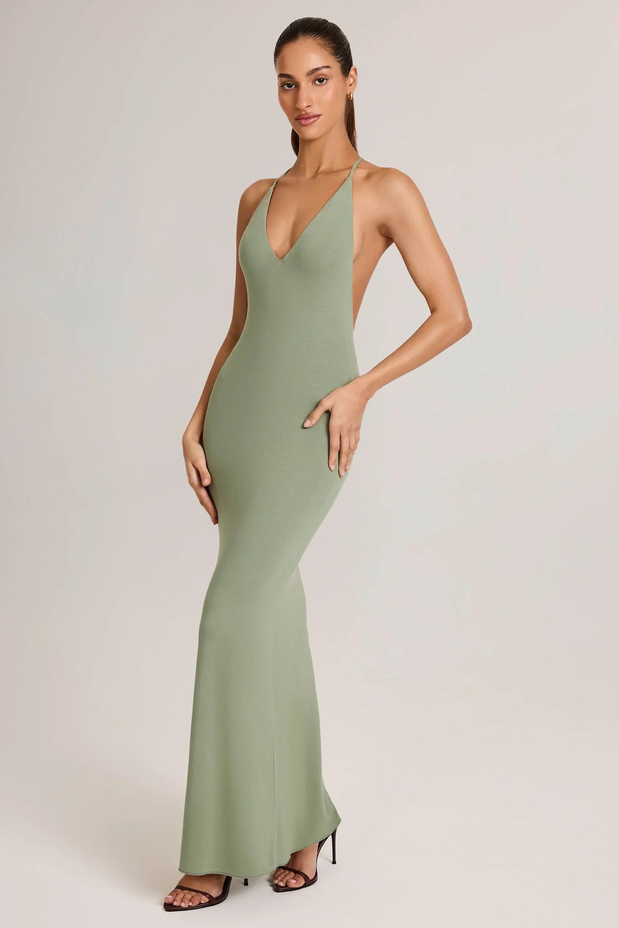 Modal Plunge Backless Maxi Dress in Sage Green