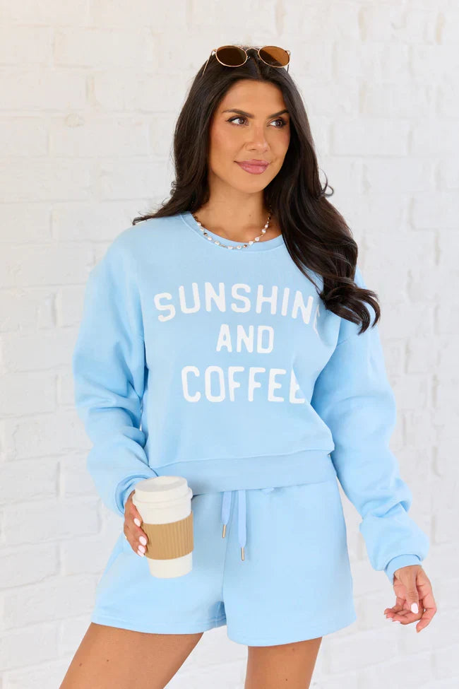 Sunshine And Coffee Light Blue Cropped Graphic Sweatshirt
