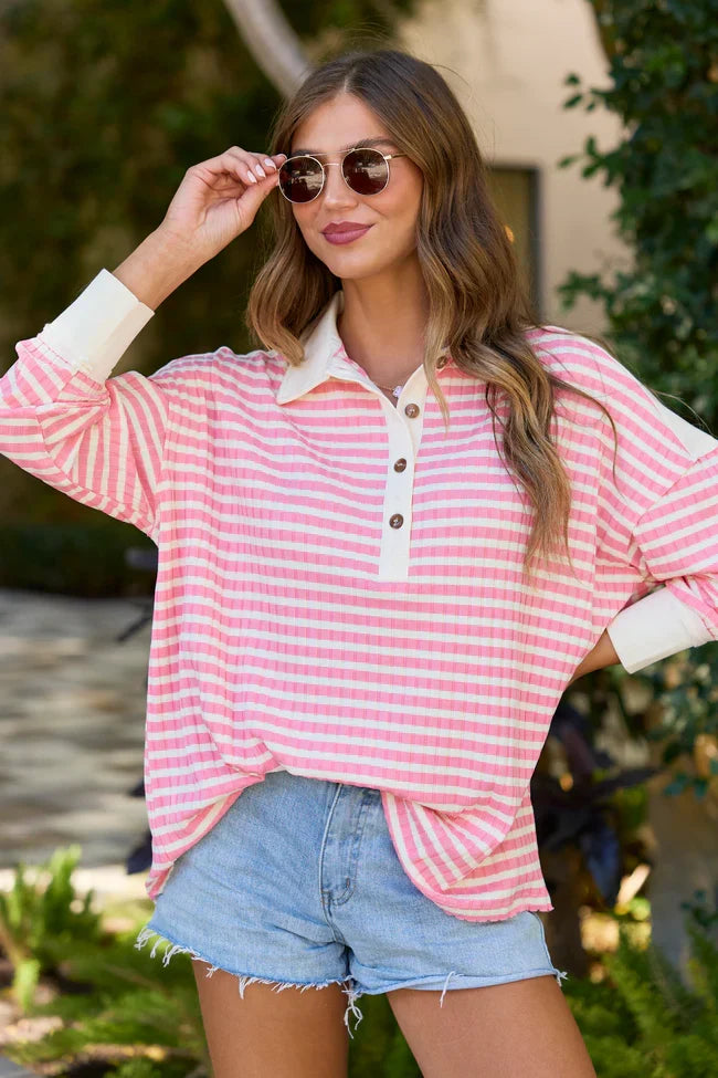 This Is The Life Pink And Ivory Stripe Oversized Henley Top