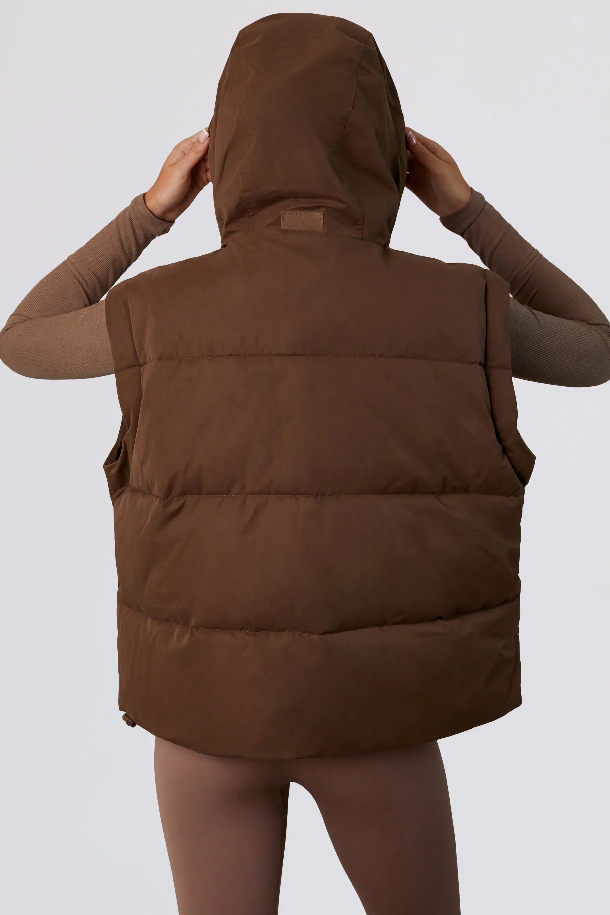 Cropped Puffer Jacket with Detachable Sleeves in Cocoa Brown